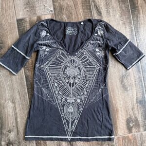 Panhandle Slim Women's Rhinestone Cowgirl Notch 3/4 Sleeve Top, Antique Black, M